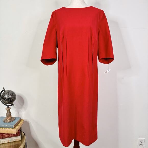 Akris Carmine Red Silk Blend Sheath Dress Size 12 Elegant Minimalist Classic - Picture 1 of 13